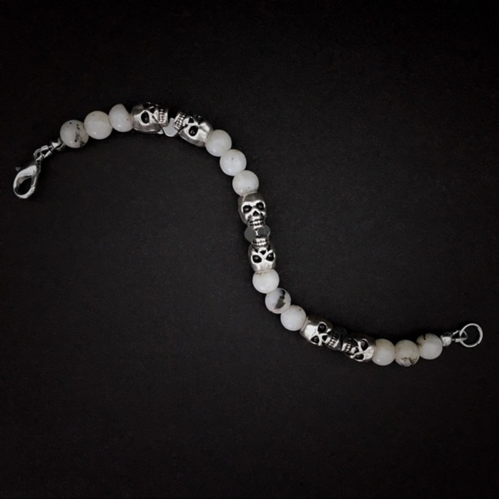 💀Silver Skull Labradorite & Hematite Men’s Beaded Bracelet Handmade Jewelry 8mm - Picture 4 of 5